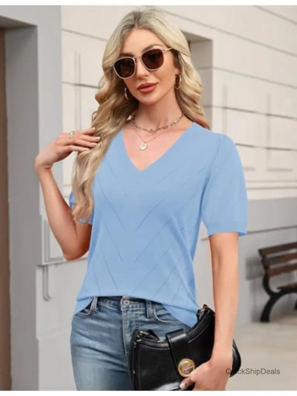 Puff Short Sleeve Lightweight Knit V-Neck Sweater Blouse Business Casual
